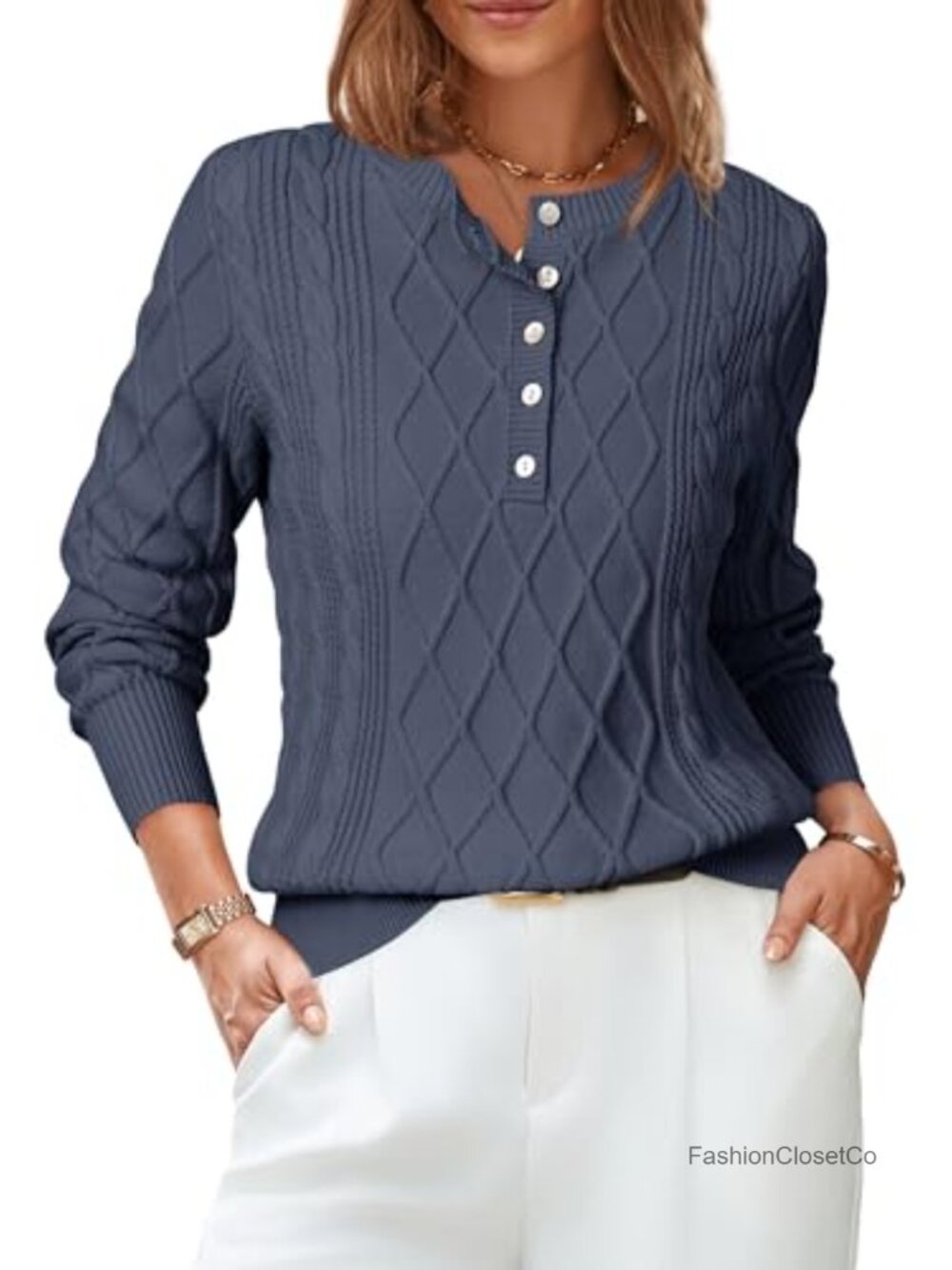 Womens Cotton Blend Cable Knit Long Sleeve Henley Sweater